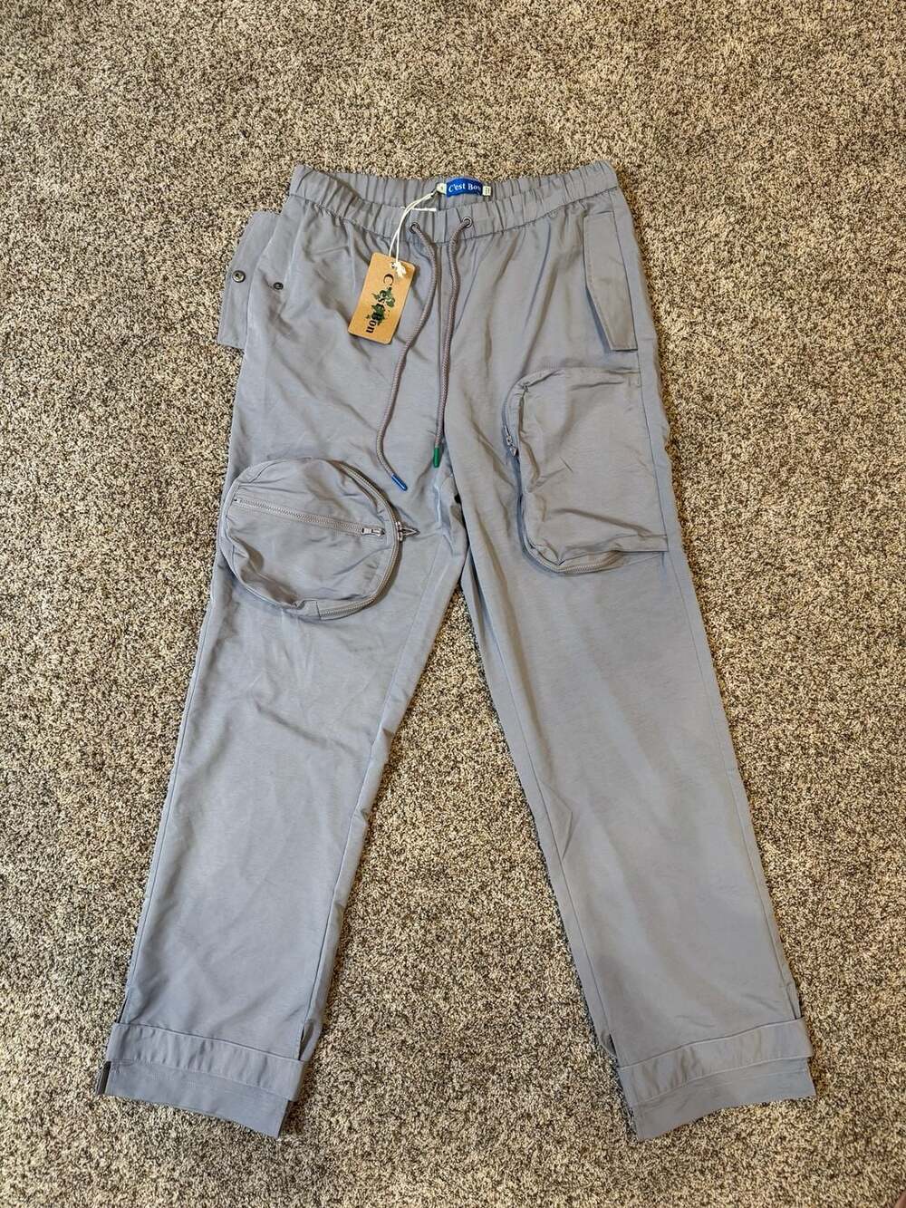 C'est Bon Gray Multi-Pocket Utility Cargo Pants with Drawstring Waist